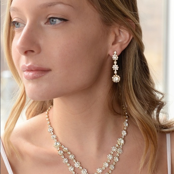 Regal Gold ✨ Two Row Rhinestone 💎Necklace & Earrings Set LuxFashionGalleria.com - Picture 5 of 5